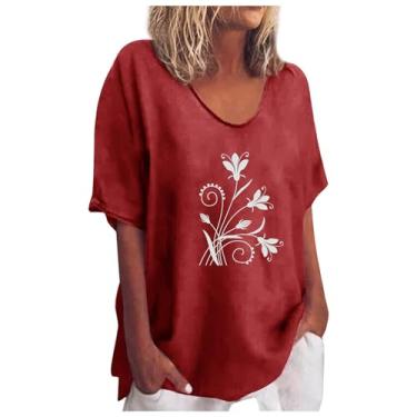 Imagem de Blusa feminina floral com gola redonda, blusa de linho, casual, solta, túnica confortável, Vermelho, M
