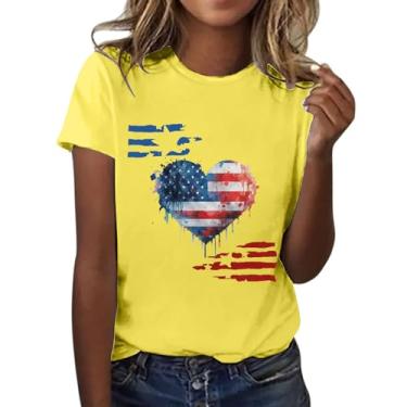 Imagem de Camisetas femininas do Dia da Independência Bandeira Americana Estrelas Listras Coração Gráfico Túnica Patriótica Memorial Day ajuste solto, Amarelo, GG