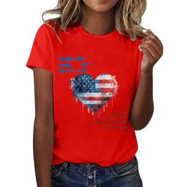 Imagem de Camisetas femininas patrióticas, manga curta, bandeira americana, listras, listras, estampa de coração, gola redonda, Memorial Day, verão, Vermelho, XXG