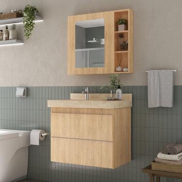 Imagem de Conjunto Para Banheiro Lavatório Em Porcelanato Com Cuba Esculpida, Gabinete e Espelheira Lisa 80cm Wood/Travertino