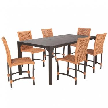 Imagem de Conjunto 6 Cadeiras Cannes Corda Náutica e Mesa Retangular Ripada 2,00m em Alumínio para Edícula, Jardim, Área, Varanda, Cozinha - Pintura Marrom