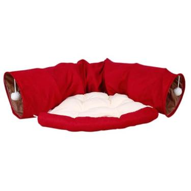 Imagem de Generic Criativo animal de estimação gato túnel cama playground interativo com bolas penduradas jogando cabana esconderijo para pequenos animais ao ar, Vermelho