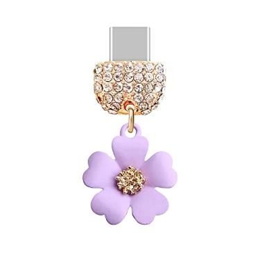 Imagem de ELISE & FONDA TP87 Tipo-C porta de carregamento USB cristal antipoeira pequena flor pingente de celular para Samsung Galaxy/Huawei/OnePlus/Xiaomi/oppo novos telefones Android (roxo), approx. 1.9 cm