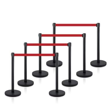 Imagem de Michelangelo Kit 8 Pedestais Premium Organizador Separador de Fila Preto com Fita Retrátil Vermelha 2 Metros Anti-Oxidante