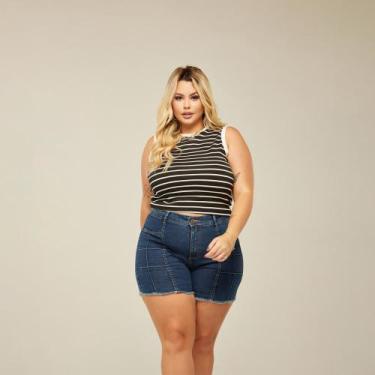 Imagem de Short Bermuda Jeans Feminino Plus Size Cintura Alta Confortável Lycra 