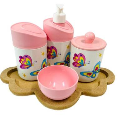 Imagem de Kit Higiene Bebê Borboleta Menina com Bandeja Nuvem MDF - Dóia Kids, R