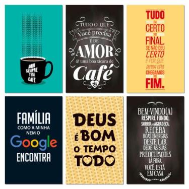 Imagem de Kit 6 Placas Decorativas Frases Família Amor Café 20x13 cm - Art Print
