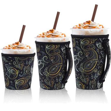Imagem de Mangas de café gelado reutilizáveis de 3 peças de mangas de café isoladas para 473 a 946 ml de café quente ou frio ou bebidas geladas compatíveis com xícara de café Starbucks Dunkin e mais (estampa de