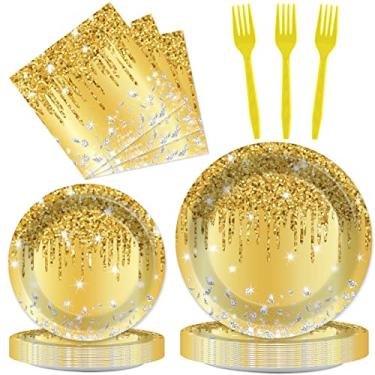 Imagem de Conjunto de utensílios de mesa dourados para decoração de festa de aniversário com tema dourado, artigos de feliz aniversário, pratos de ouro, guardanapos, garfos para 24 convidados, homens, mulheres