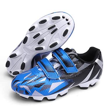 Imagem de MiFeloo Chuteira de futebol infantil com gancho e laço para atividades ao ar livre FG infantil firme sem cadarço para meninos e meninas, Preto/azul, 3 Big Kid