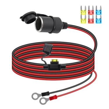 Imagem de RIIEYOCA Cabo de extensão de soquete de isqueiro de 12 V 24 V, 16 AWG, tomada fêmea para anel de ilhó, cabo terminal com tampa à prova d'água e fusível de 20 A para carros, caminhões, barcos, etc.