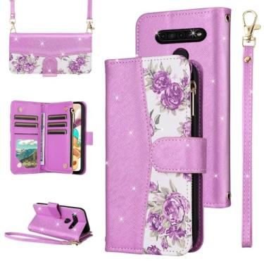 Imagem de Furiet Capa carteira floral para LG K61/Q61/K51S/K41S com fecho de correr e alça de ombro, suporte de cartão de couro PU com glitter de luxo para celular K 61 51S 41S feminino roxo