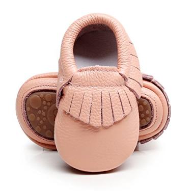 Imagem de HONGTEYA Mocassins de couro para bebês e bebês com sola rígida e borla, Rosa, 0-6 Meses