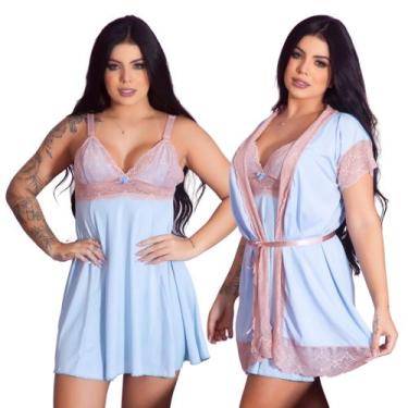 Imagem de Kit  Robe Roupão e Camisola Amamentação Com Renda Vestido de Dormir Pa