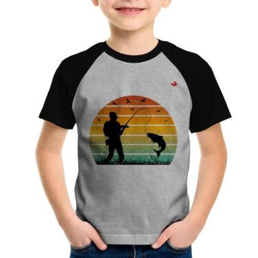 Imagem de Camiseta Raglan Infantil Pescaria Vintage Sunset - Foca na Moda, Cinza