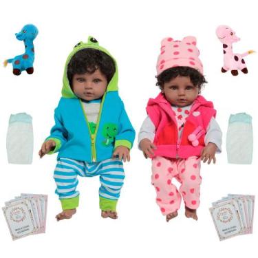 Imagem de Bebê Reborn Gêmeos Casal Negros Roupa Girafinha Jacarezinho - Cegonha 