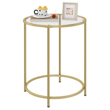 Imagem de Livofloral Mesa lateral redonda, mesa de centro de estilo moderno, mesa de sofá, mesa com prateleiras de metal e tampo de vidro, mesa de canto para sala de estar, quarto, varanda, pátio, (A) 64 cm ×