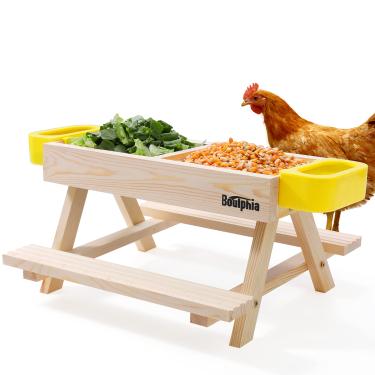 Imagem de Boulphia Comedouros e bebedouros de frango, kit sem desperdício com mesa de piquenique e 2 alimentadores de água, suprimentos e acessórios feitos à mão para galinheiro de madeira