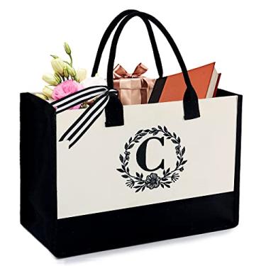 Imagem de BeeGreen Sacola com inicial e bolso com zíper, 368 g de lona, presentes personalizados com monograma para damas de honra, Natal, Branco com preto, Large