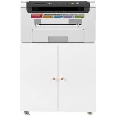 Imagem de SPOFLYINN Mesas de impressora móvel com suporte de metal para impressora de armazenamento, armário de arquivo com portas e prateleira ajustável, branca, tamanho único