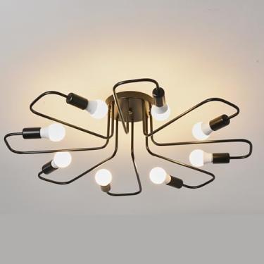 Imagem de GZZBMY Luz de teto semi nivelada de 8 luzes lustres modernos de design de flores de metal de meados do século E27 Iluminação pendente industrial vintage luminária de teto para cozinha, sala de jantar,