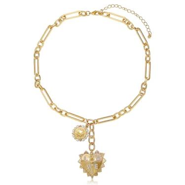 Imagem de MISS RIGHT Corrente feminina com pingente de girassol e pingente de girassol banhado a ouro 18 K dourado com pingente de gargantilha hip hop joias presentes para ela, 15.75 inches, Latão, Zircônia