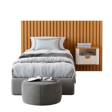 Imagem de Cabeceira Ripada Solteiro com 2 Mesas de Cabeceira Curva Buriti OffWhite/Marrom