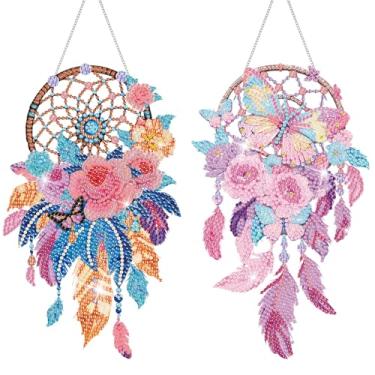 Imagem de Saillong 2 kits de pintura artística de diamante apanhador de sonhos para adultos DIY primavera borboleta flor apanhador solar pendurado pintura diamante arte sino de vento pendurado para decoração de