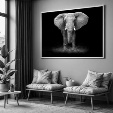 Imagem de Quadro com Moldura Sala Quarto 90x60 Elefante Preto e Branco Decorativo Horizontal Grande Hall