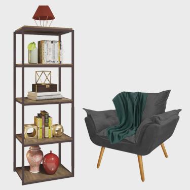 Imagem de Kit Poltrona Fatte com Manta Soft Verde e Estante Livreiro Ferro Marrom mdf Imbuia Suede Cinza - Ahazzo Móveis