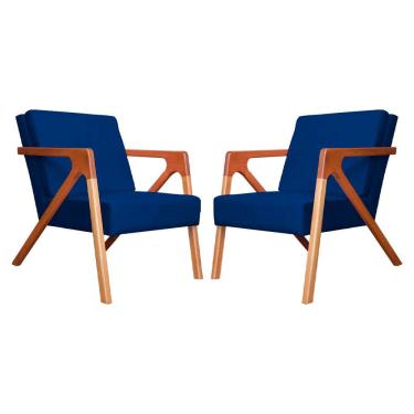 Imagem de Conjunto 2 Poltronas Monalisa Com Braços de Madeira Corano Azul Marinho - lm decor