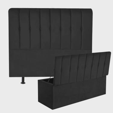 Imagem de Kit Cabeceira Estofada e Calçadeira Baú Recamier Kiara 195cm King Size Corino Preto - Ahz Móveis