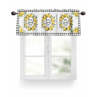 Imagem de Cortina de verão limão para cozinha, flores, folhas, sanefas para janelas, xadrez, preto, branco, filtragem de luz, cortinas curtas, bolso para varão, tratamento de janela para quarto, sala de estar