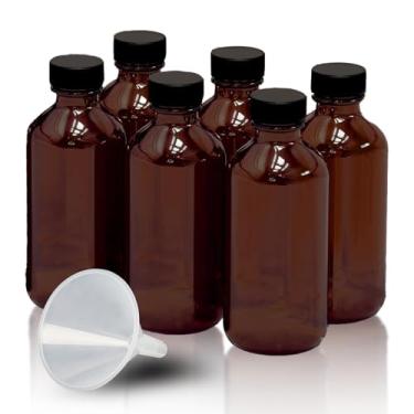 Imagem de Pacote com 6 garrafas de vidro âmbar de 59 ml para extrato de baunilha, frascos de vidro marrom redondos à prova de vazamentos Boston com tampas, funil de bônus - Ideal para extratos caseiros, óleos