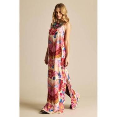 Imagem de Vestido Longo De Alças Reguláveis Rosa Estampa Borboletas Yacamim E20-Feminino