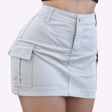 Imagem de Saia Jeans Feminina Cargo Lycra Cós Alto Botão Dourado Zíper Bolso Lat