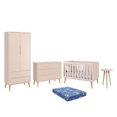 Imagem de Dormitório Theo 2 Portas, Cômoda 6 Gavetas, Berço, Mesa de Canto Rosa 