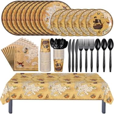 Imagem de Ziliny Conjunto de utensílios de mesa de festa pirata, 281 peças, tema do tesouro, pratos e guardanapos, toalha de mesa de plástico, facas descartáveis, garfos, colheres para decoração de festa de