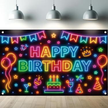 Imagem de Starlit Patio Banner colorido neon feliz aniversário para decorações de festa, decoração tema neon grafite respingo decoração decoração para meninos meninas para celebração fundo de aniversário