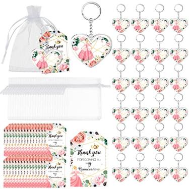 Imagem de 38 conjuntos de chaveiros rosa em forma de coração de quinze anos conjunto de presentes para meninas lembrancinhas de festa de quinze anos para convidados princesa chá de aniversário lembrancinhas de festa com sacos de organza e etiquetas de agradecimento para aniversário