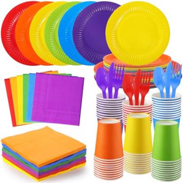 Imagem de Conjunto de utensílios de mesa descartáveis arco-íris, 420 peças, 19 cm, pratos de papel coloridos para festa, copos, guardanapos, colheres, garfos, facas, pacote completo para festa de aniversário, néon e festa