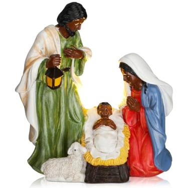 Imagem de Thyle Conjunto de presépio para decoração interna para Natal, presépio afro-americano, conjunto de presépio de LED para pessoas pequenas, estatueta de Jesus preto, decoração de mesa, Mary Joseph, bebê