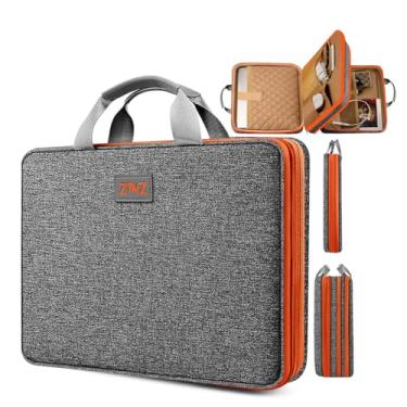 Imagem de Capa para laptop fina e expansível 13 13,3 13,5 polegadas capa protetora atualizada durável reciclada com bolsos para acessórios para MacBook 13" e 14" e a maioria dos notebooks de 13" a 14", cinza e laranja