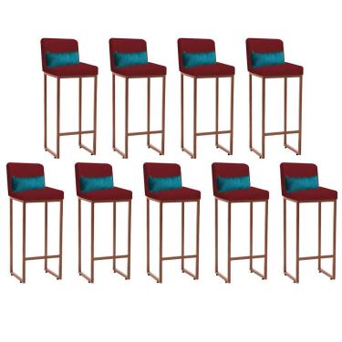 Imagem de Kit 09 Banqueta Alta Ferro Bronze Suede Vermelho E Almofada Azul Turquesa - Amey Decor