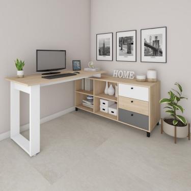 Imagem de Escrivaninha Para Escritório Em L 3 Gavetas 4 Nichos Home Office Next Artany Carvalho/Grafito/Branco