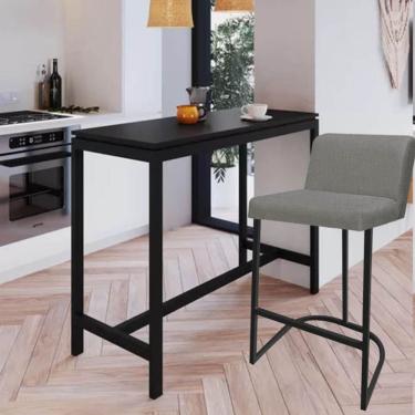 Imagem de Banqueta Com Encosto Noah Luxo Confort Bistrô Cozinha Ferro Preto Linho Cinza - Amey Decor