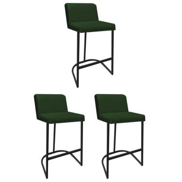 Imagem de Kit 03 Banquetas Com Encosto Noah Luxo Confort Bistrô Cozinha Ferro Preto Suede Verde - Amey Decor
