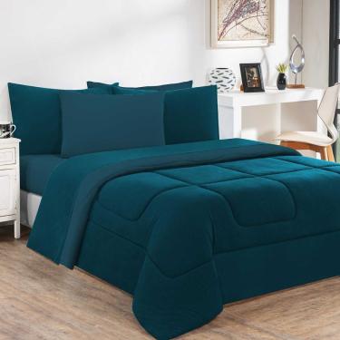 Imagem de Kit Edredom + Jogo De Lençol Malha 100% Algodão Gran Moratta 5 Peças Solteiro - Azul Petróleo-azul Petróleo