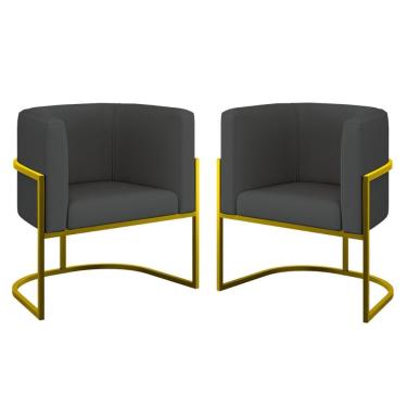 Imagem de Kit 02 Poltronas Lua Sala Decorativa Base Ferro Gold Corino Cinza