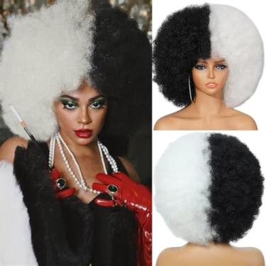 Imagem de MYCNIMY Perucas Afro Para Mulheres Negras, Cacheadas, Macias, Naturais, Com Pelo E Elástico, Brancas, Sintéticas, Festa Diária, Cosplay (Preto Branco)